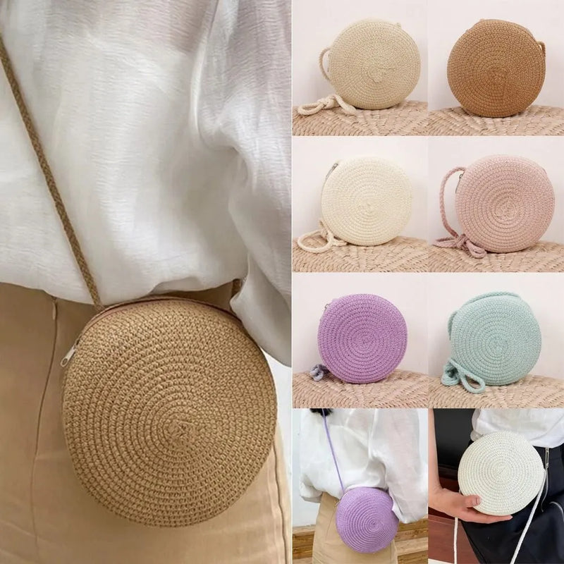 Fashion Handmade Straw Bag Women Girl Round Straw Handbag Summer Beach Bag Rattan Woven Shoulder Bags Handbag Knit Accessories