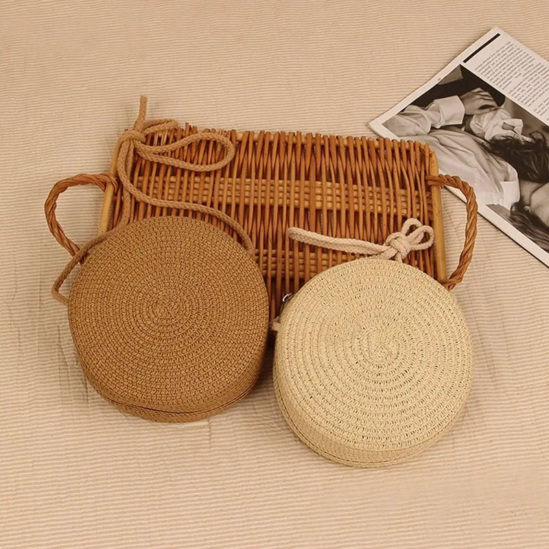 Fashion Handmade Straw Bag Women Girl Round Straw Handbag Summer Beach Bag Rattan Woven Shoulder Bags Handbag Knit Accessories