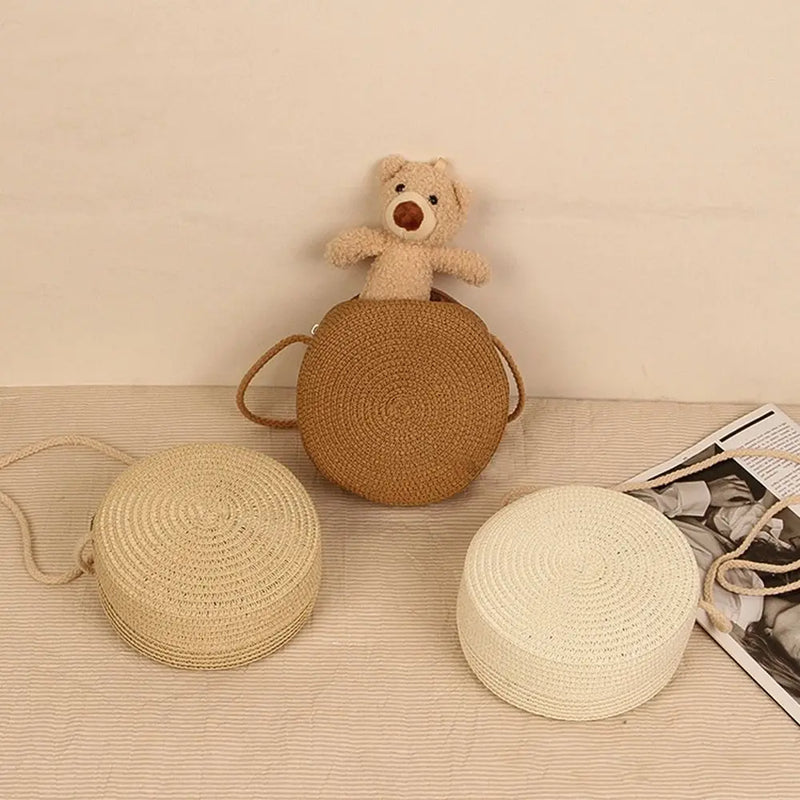 Fashion Handmade Straw Bag Women Girl Round Straw Handbag Summer Beach Bag Rattan Woven Shoulder Bags Handbag Knit Accessories